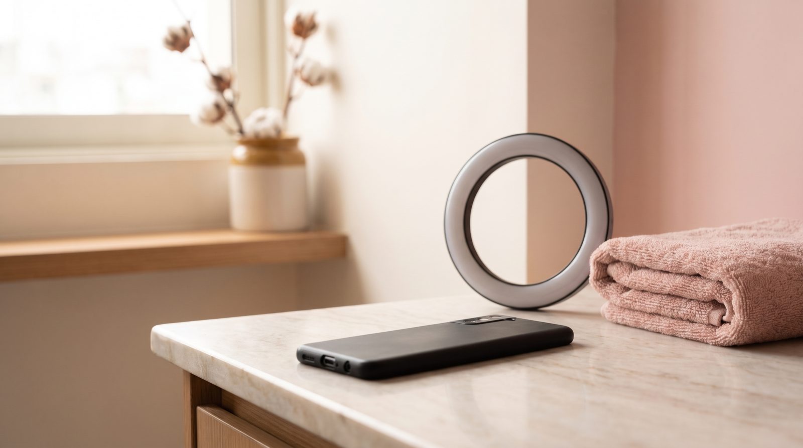 A phone and a ring light on a clinic counter