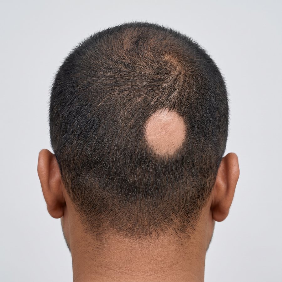 Alopecia areata — AI-generated clinical illustration, not a photograph of a patient