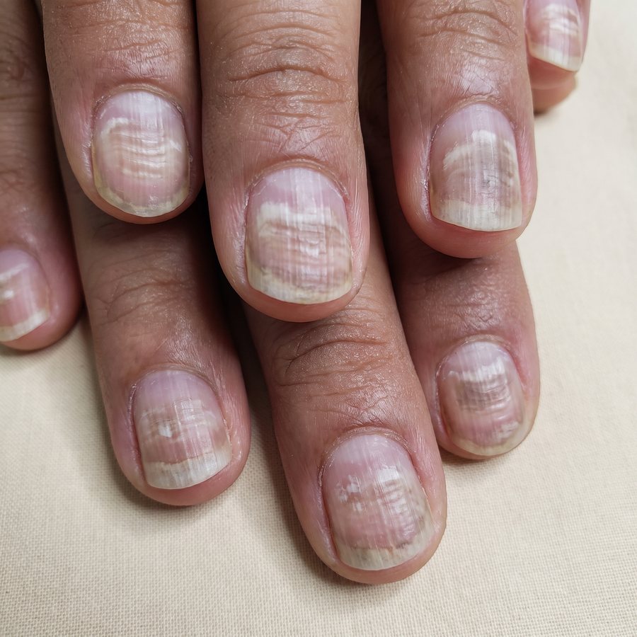 Nail discolouration — AI-generated clinical illustration, not a photograph of a patient